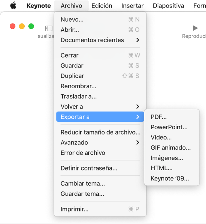 Humillar cojo arco Exportar a PowerPoint o a otro formato de archivo en la app Keynote del Mac  - Soporte técnico de Apple (ES)