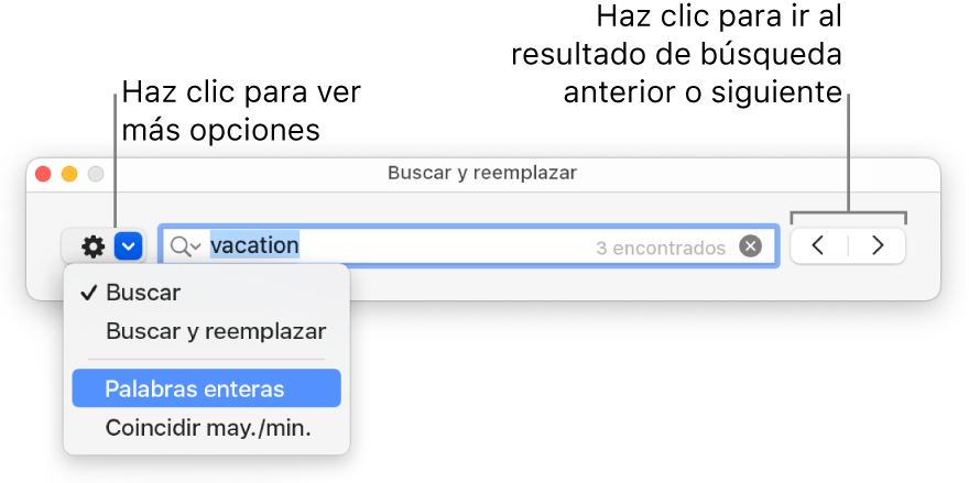 La ventana “Buscar y reemplazar” con una llamada al botón para mostrar más opciones, correspondientes a Buscar, “Buscar y reemplazar”, Reemplazar, “Palabras enteras” y “Coincidir may./min.”. Las flechas de la derecha le permiten ir a los resultados de búsqueda anteriores o siguientes.