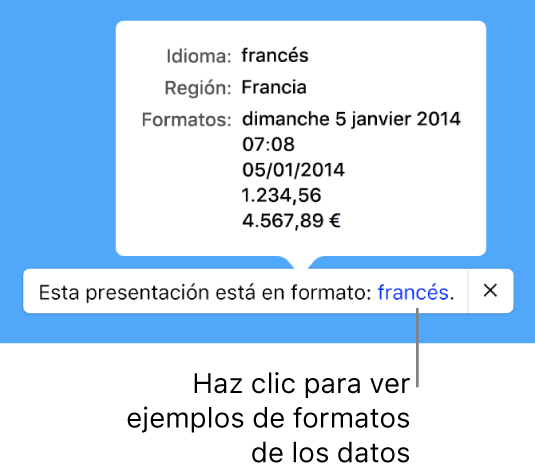 La notificación del ajuste de idioma y formato distinto, con ejemplos del formato en ese idioma y región.