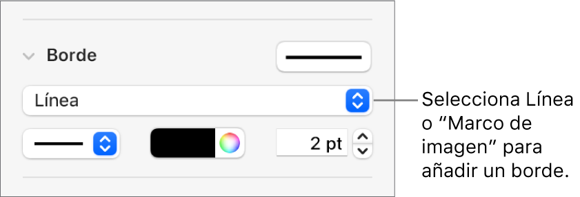 Controles de “Estilo del borde” en la barra lateral Formato con la opción Línea seleccionada como tipo de borde.