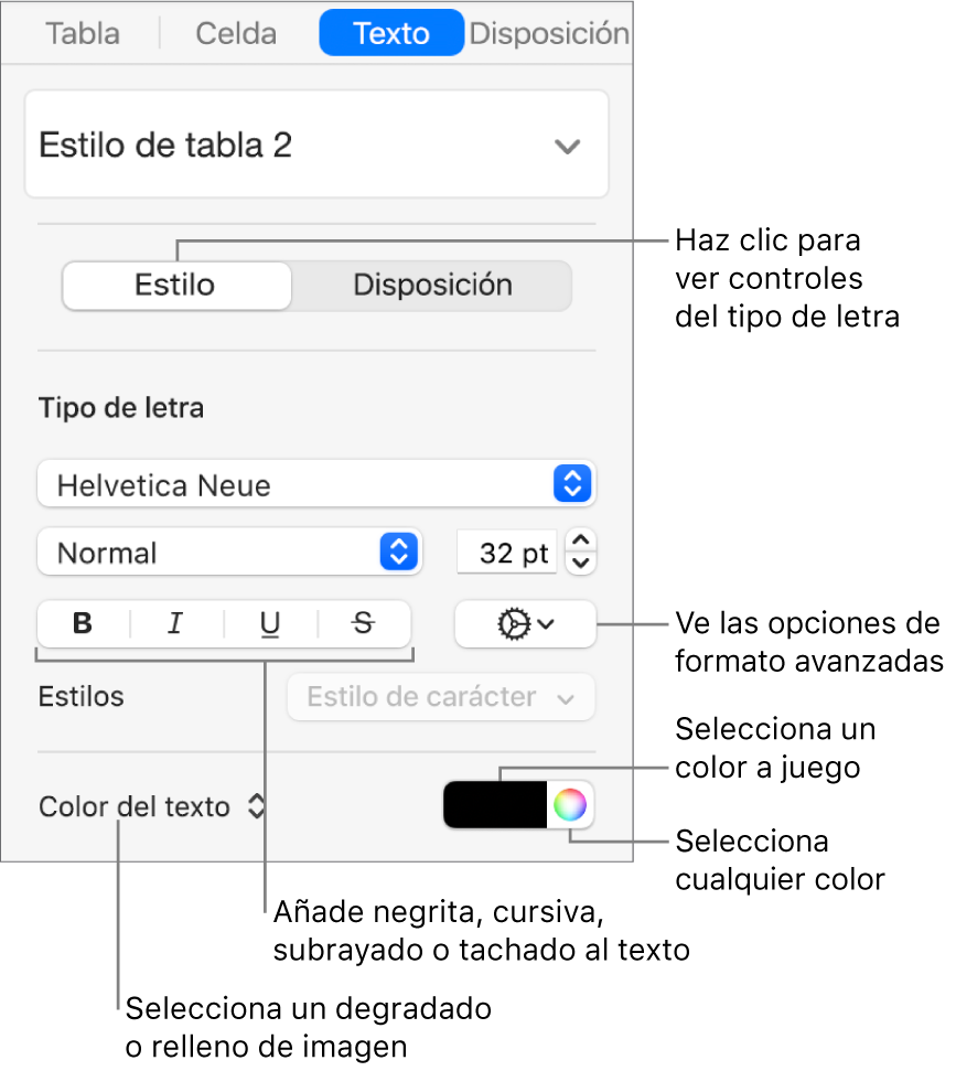 Los controles para aplicar un estilo a texto de la tabla.