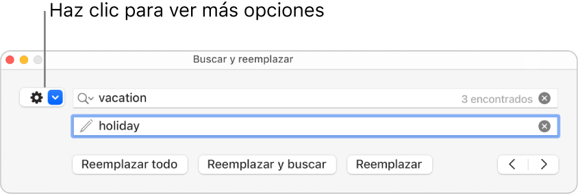 La ventana “Buscar y reemplazar” con una llamada al botón para mostrar más opciones.