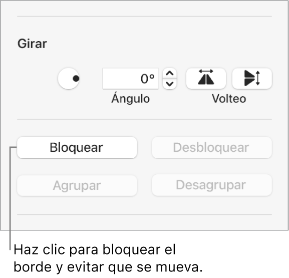 Controles de Girar, Bloquear y “Agrupar objeto” con el botón Bloquear señalado.