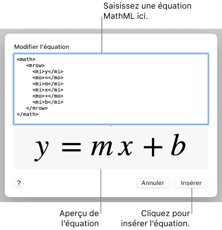 Équation de la pente d’une droite dans le champ Modifier l’équation et aperçu de la formule en dessous.