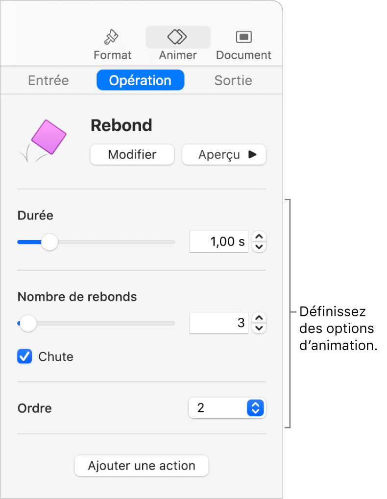 Commandes d’action de la section Animer de la barre latérale.