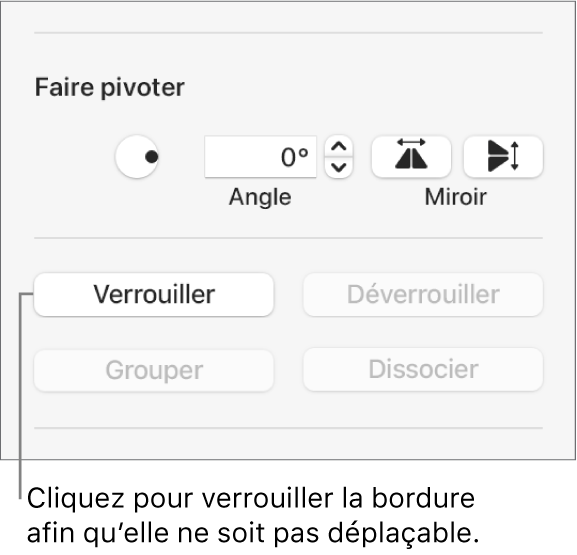 Les commandes d’objet Faire pivoter, Verrouiller et Grouper avec le bouton Verrouiller en évidence.