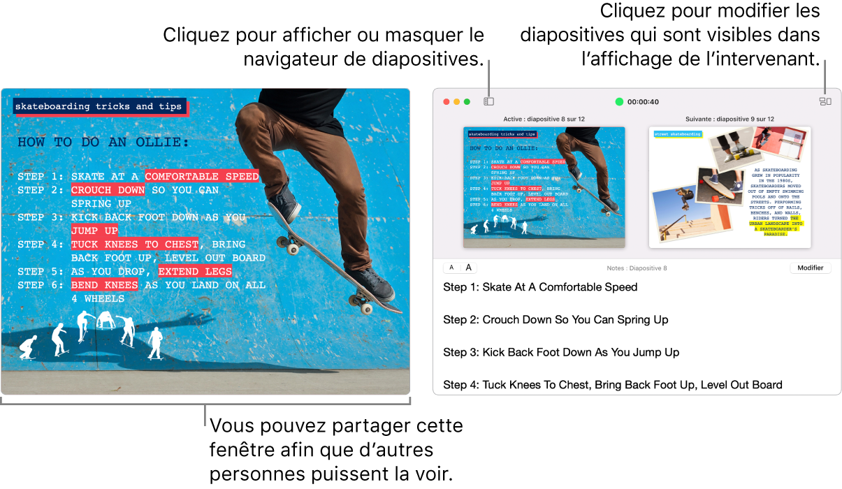 Une présentation Keynote affichée dans une fenêtre avec l’affichage du présentateur dans une seconde fenêtre qui contient le navigateur de diapositives, les notes du présentateur et l’aperçu des diapositives.