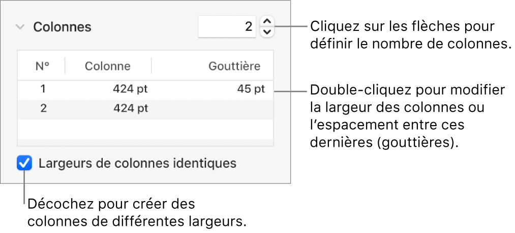 Commandes de la section Colonnes permettant de modifier le nombre de colonnes et leurs largeurs.
