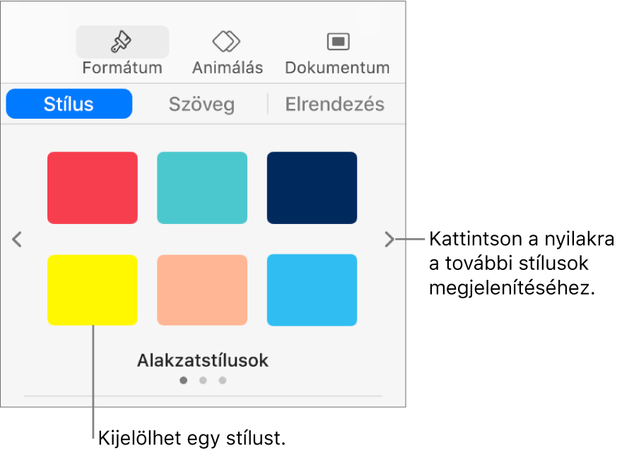 A Formátum oldalsáv Stílus lapja hat objektumstílussal és navigációs nyilakkal a bal és a jobb oldalon.