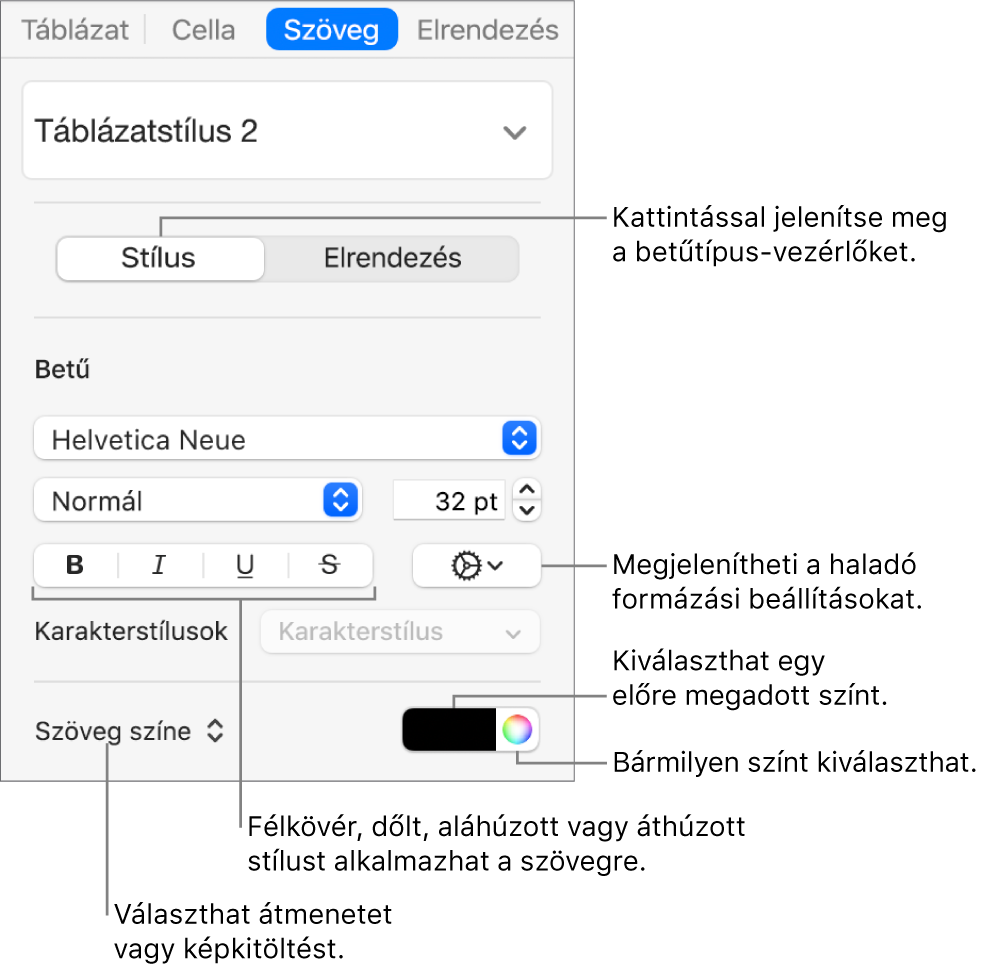 A táblázatszöveg stílusának beállítására szolgáló vezérlők.