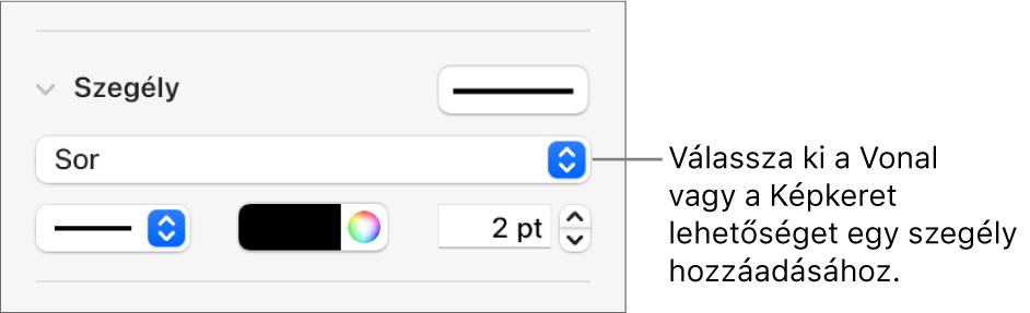 A Szegélystílus vezérlők a Formátum oldalsávon, a szegélystílusként kijelölt Vonal elemmel.