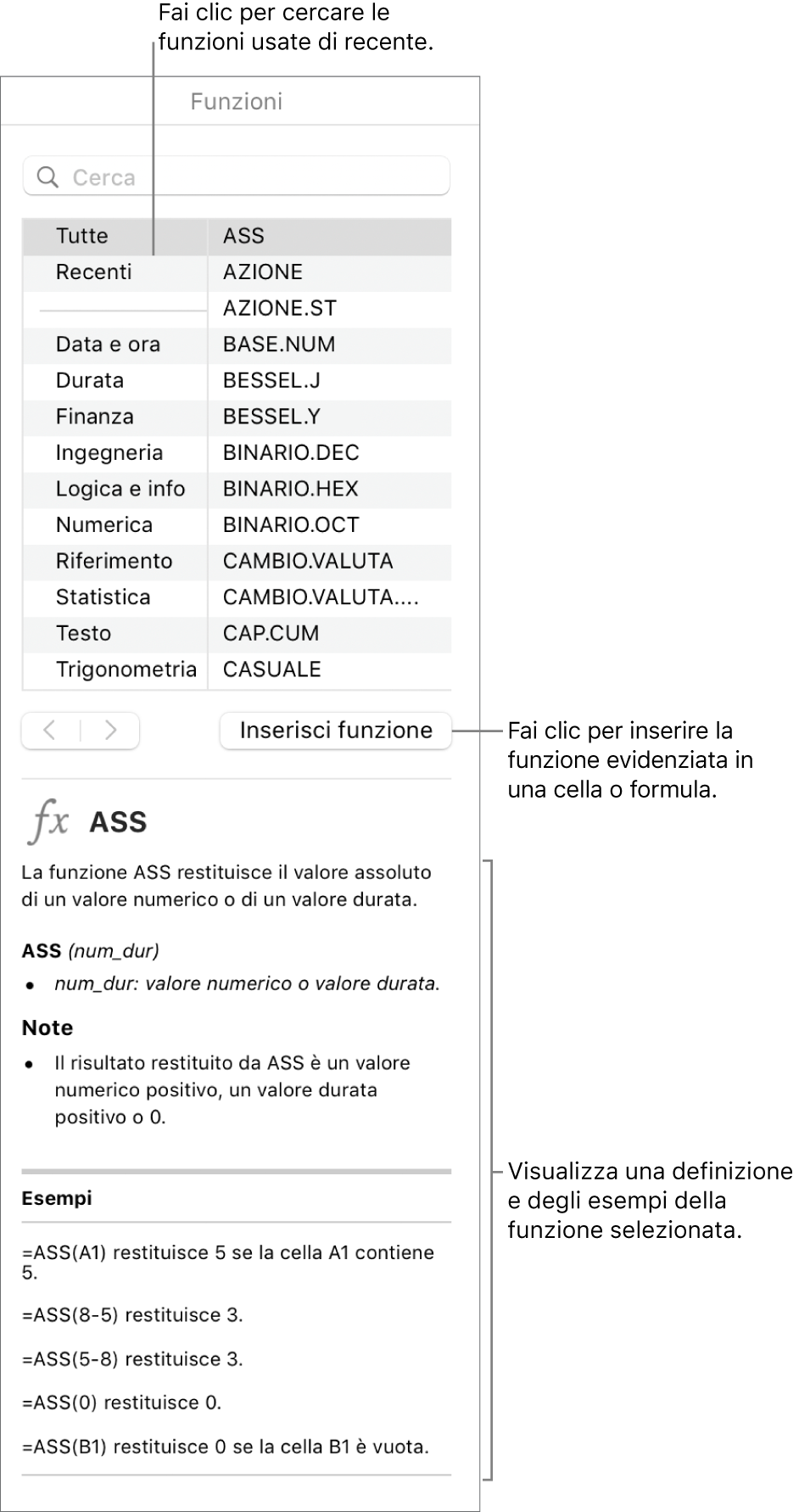 Browser funzioni con didascalie per le funzioni utilizzate di recente, il pulsante “Inserisci funzione” e la definizione della funzione.