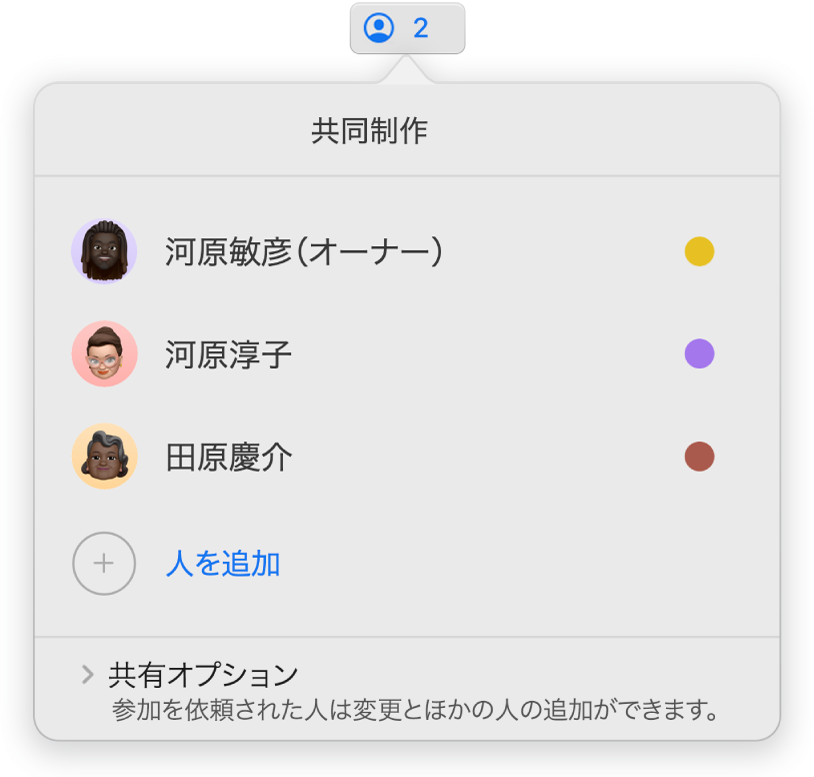 「共同制作」メニュー。プレゼンテーションで共同制作している人の名前が表示されています。名前の下に「共有オプション」があります。