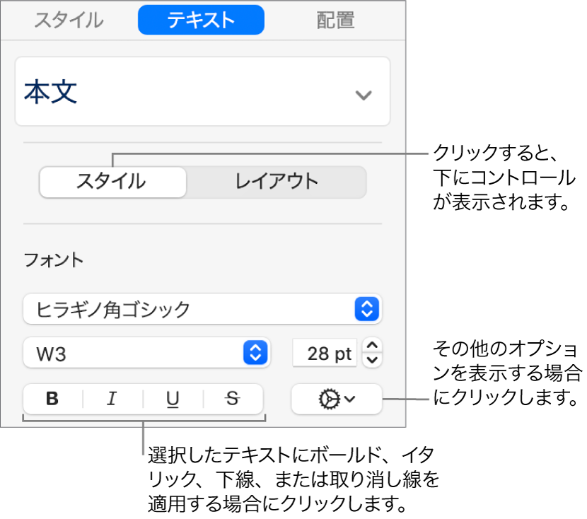 サイドバーの「スタイル」コントロール。「ボールド」、「イタリック」、「アンダーライン」、および「取り消し線」ボタンのコールアウトが表示された状態。