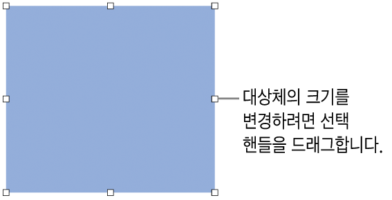 대상체의 크기를 변경하기 위해 테두리에 흰색 사각형이 있는 대상체.