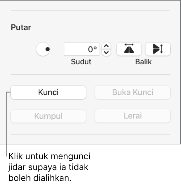 Kawalan Putar, Kunci, dan Kumpul objek dengan butang Kunci aktif.