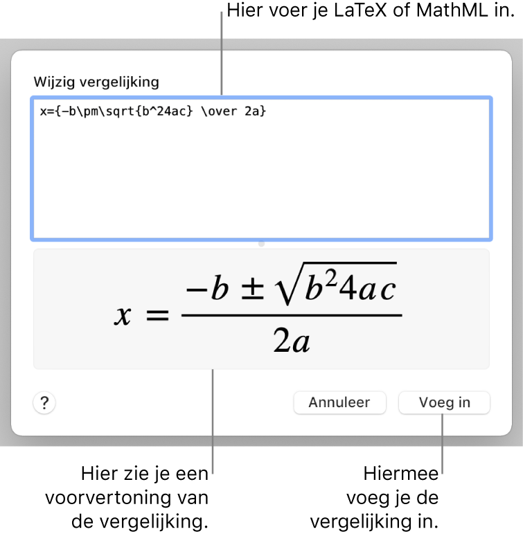 Het venster 'Wijzig vergelijking' met in het veld 'Wijzig vergelijking' een LaTeX-wortelformule en daaronder een voorvertoning van de formule.