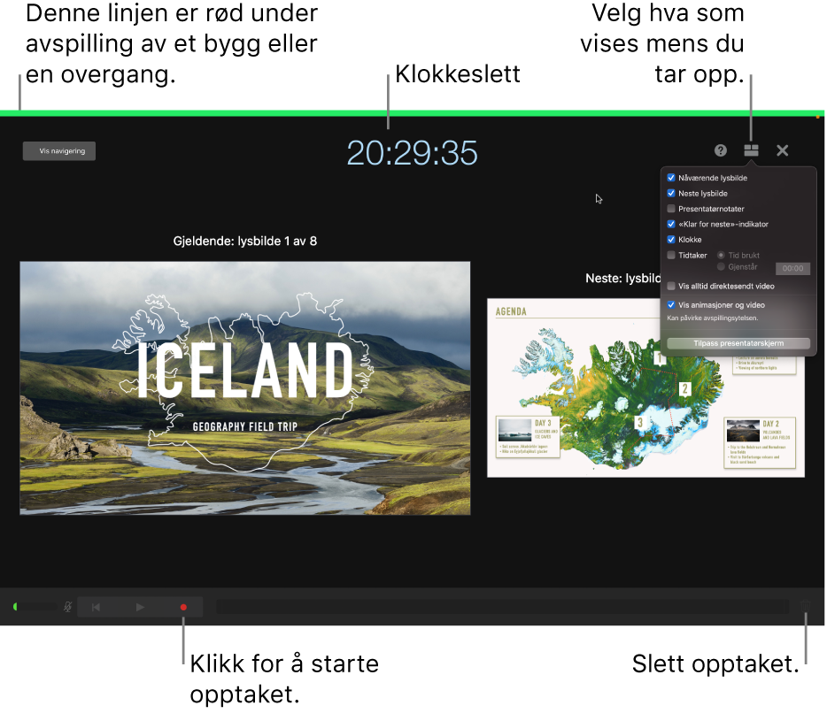 Skjermbilde av taleopptaksmodus på presentatørskjermen. Gjeldende og neste lysbilde, gjeldende tid og presentatørskjerm-kontroller er synlige. Kontrollen for å starte og avslutte opptaket og kontrollen for å slette opptaket vises mot bunnen av skjermen.