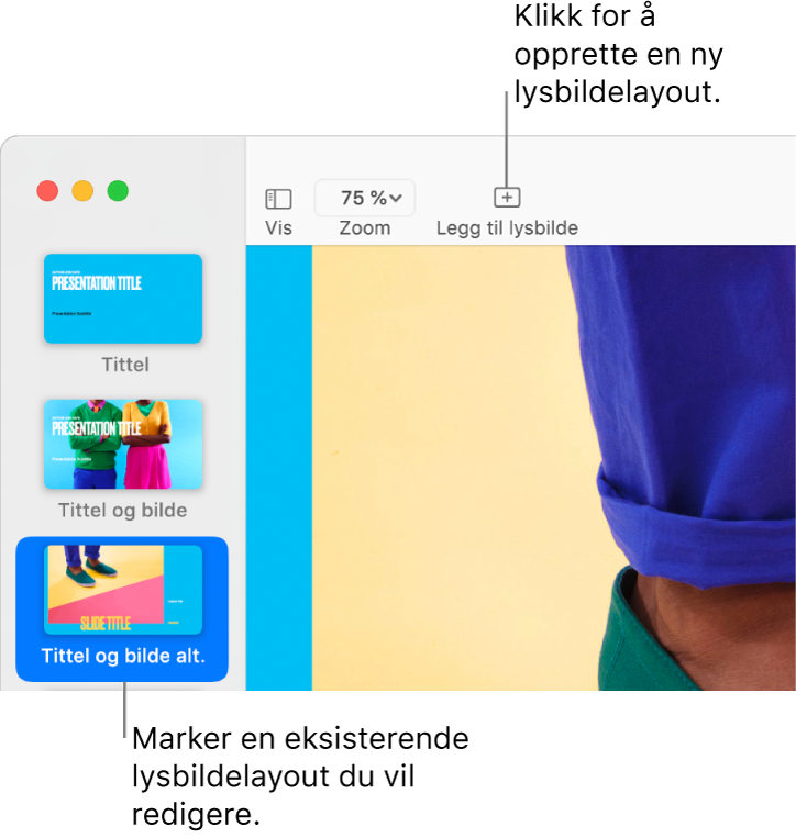 En lysbildelayout vises i lysbildelayoutområdet, med Legg til lysbilde-knappen over det i verktøylinjen.