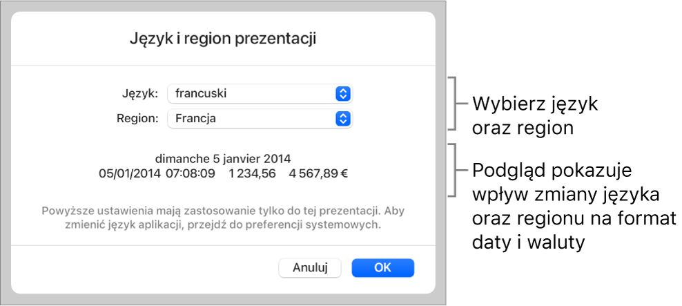 Panel Język i region z narzędziami do ustawień języka i regionu, a także przykład formatu zawierający datę, czas, liczbę dziesiętną oraz walutę.