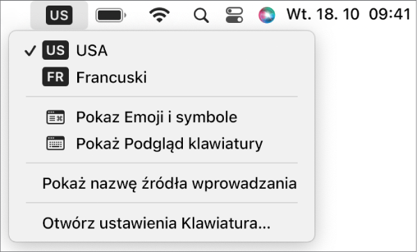 Menu wprowadzania w prawym górnym rogu paska menu.