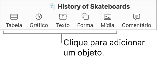 A barra de ferramentas do Keynote mostrando os botões usados para adicionar um objeto a um slide.