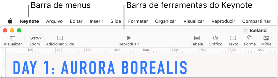 Barra de menus na parte superior da tela com os menus Apple, Keynote, Arquivo, Editar, Inserir, Formatar, Organizar, Visualizar, Compartilhar, Janela e Ajuda. Abaixo da barra de menus está uma apresentação do Keynote aberta com botões da barra de ferramentas ao longo da parte superior: Visualizar, Zoom, Adicionar Slide, Reproduzir, Keynote Live, Tabela, Gráfico, Texto, Forma, Mídia e Comentário.