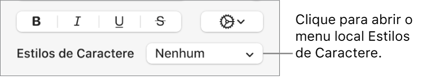 O menu local Estilos do Caractere abaixo de controles para alterar o estilo e a cor do texto.
