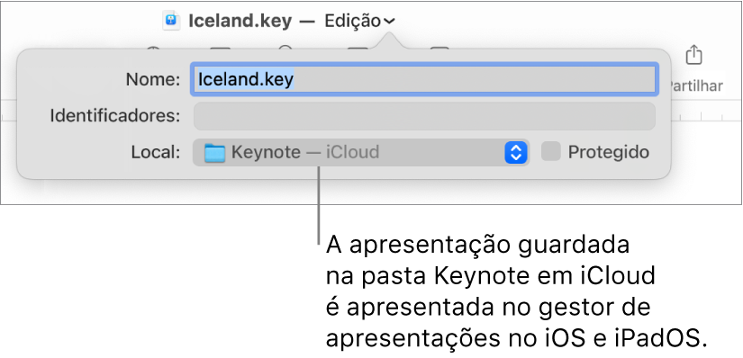 A caixa de diálogo Guardar de uma apresentação com “Keynote—iCloud” no menu pop-up Onde.