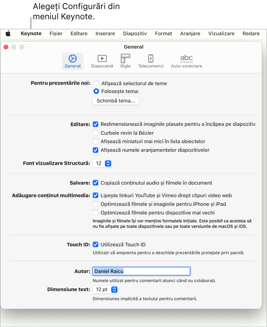 Fereastra de configurări Keynote deschisă la panoul General.
