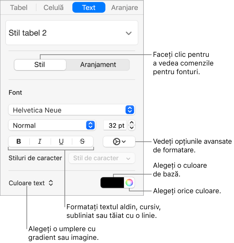 Comenzile pentru stilul textului din tabel.
