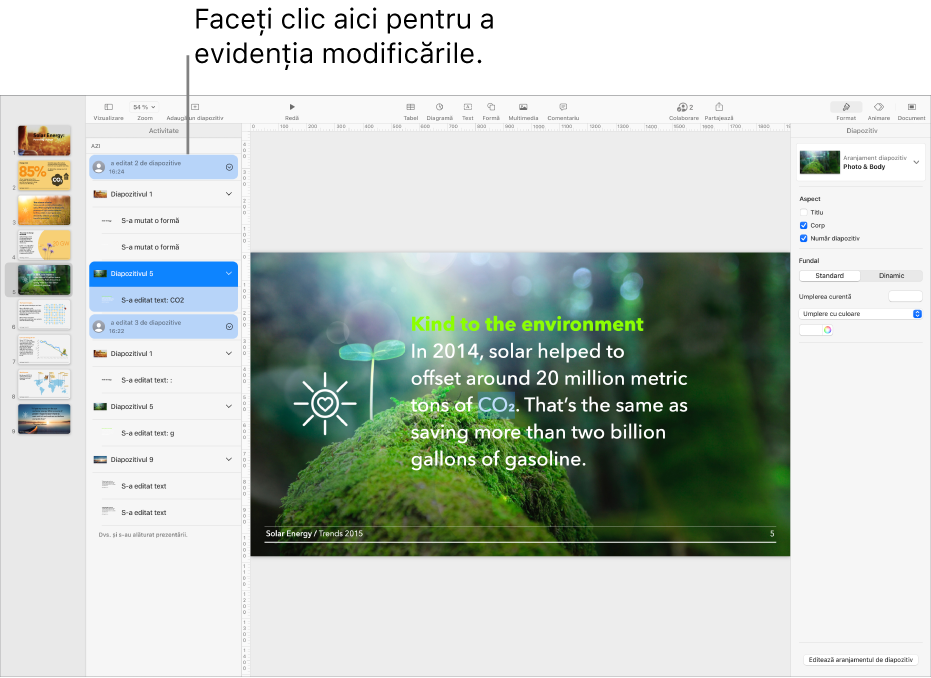 Un document colaborativ având deschise meniul pentru colaborare și lista de activități.