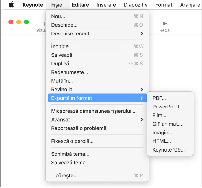 Meniul Fișier deschis cu Exportă în selectat și submeniul său care arată opțiuni de exportare pentru PDF, PowerPoint, Movie, HTML, Images și Keynote ’09.