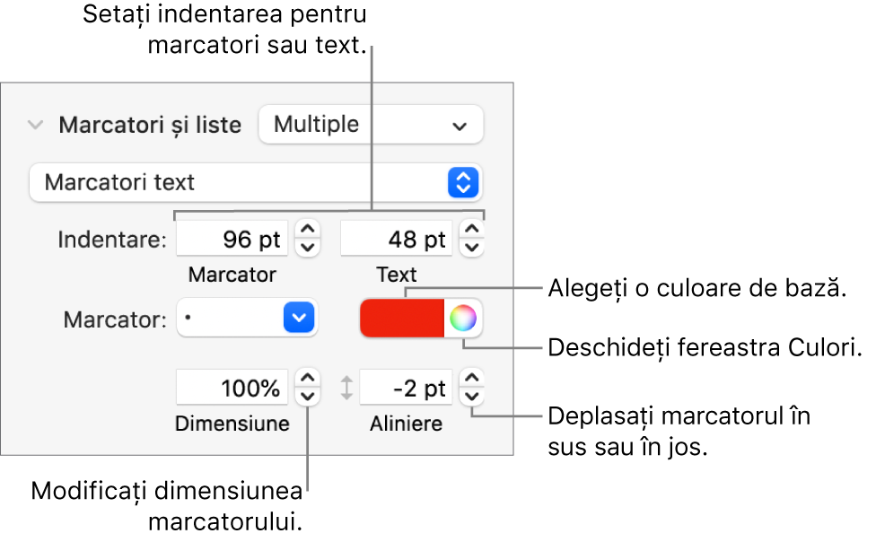 Secțiunea Marcatori/liste cu explicații pentru comenzile de indentare cu marcator și text, culoarea marcatorului, dimensiunea marcatorului și aliniere.