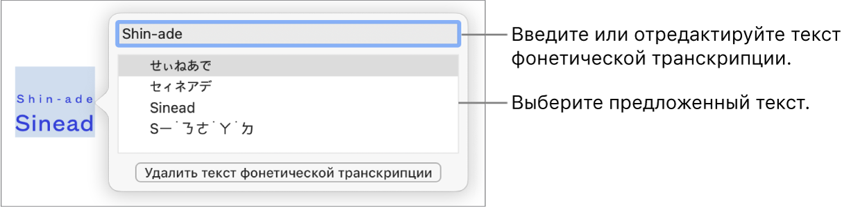 Отображается фонетическая транскрипция слова с вынесенным текстовым полем, содержащим предложенный вариант текста.