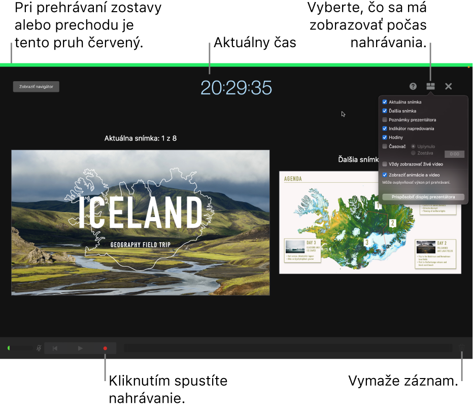 Snímka obrazovka režimu hlasového záznamu na displeji prezentátora. Sú viditeľné aktuálna a nasledujúca snímka, aktuálny čas a ovládanie displeja prezentátora. Ovládanie sa spustenie a ukončenie záznamu a ovládanie na vymazanie záznamu sa zobrazuje v blízkosti dolnej strany displeja.