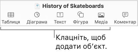 Панель інструментів Keynote із кнопками «Таблиця», «Діограма», «Текст», «Фігура» й «Медіа».