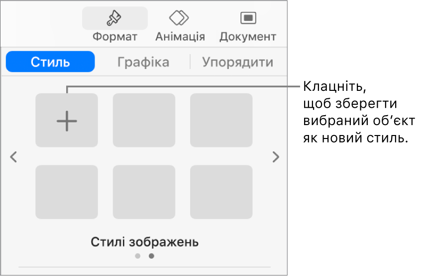 Вкладка «Стиль» на бічній панелі «Формат», один стиль текстового поля, кнопка «Створити стиль» справа, чотири пусті зразки стилю.
