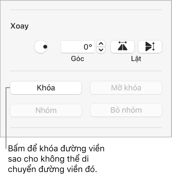 Các điều khiển Xoay, Khóa và Nhóm đối tượng với nút Khóa được gọi ra.