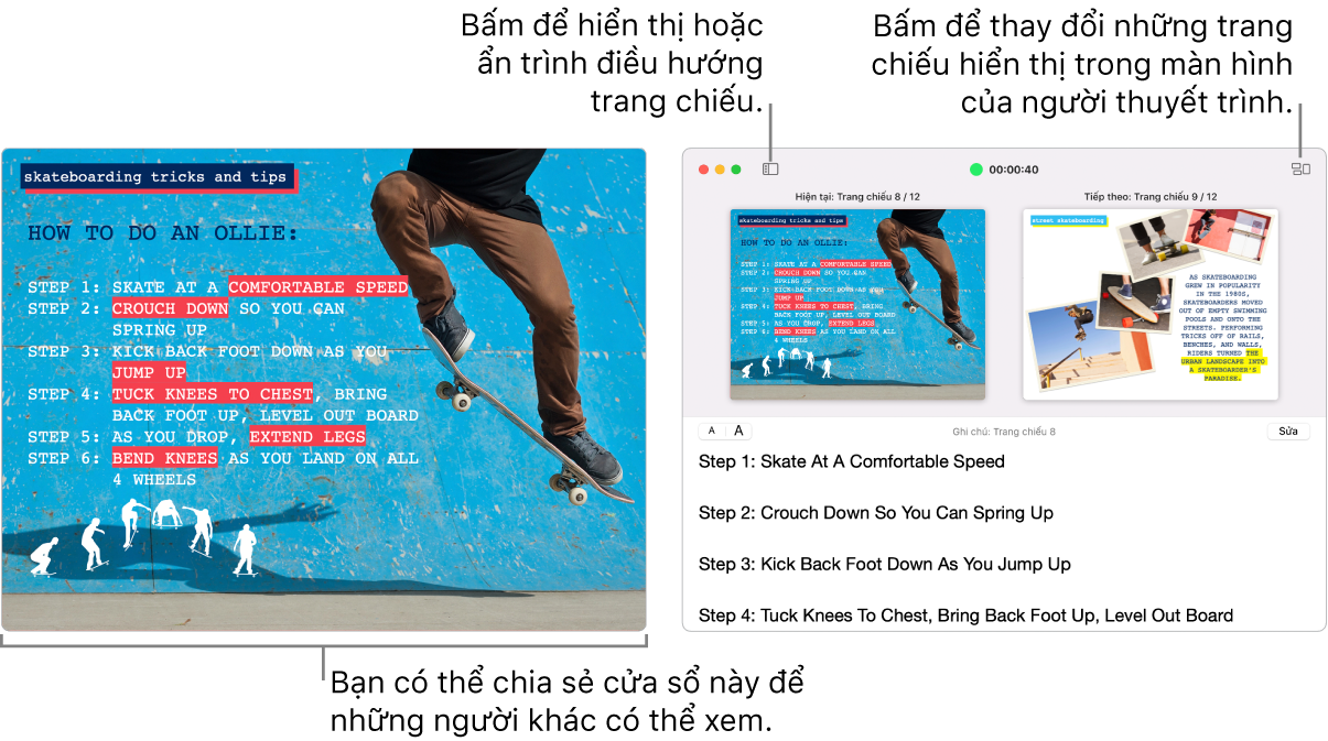 Bài thuyết trình Keynote được hiển thị trong cửa sổ, với màn hình của người thuyết trình trong cửa sổ thứ hai chứa trình điều hướng trang chiếu, ghi chú thuyết trình và bản xem trước trang chiếu.