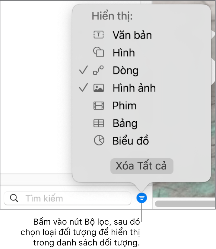 Menu bật lên Bộ lọc, với một danh sách các loại đối tượng mà danh sách có thể bao gồm (văn bản, hình, đường, hình ảnh, phim và biểu đồ).