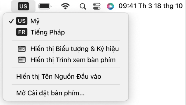 Menu Đầu vào ở góc phía trên bên phải của thanh menu.