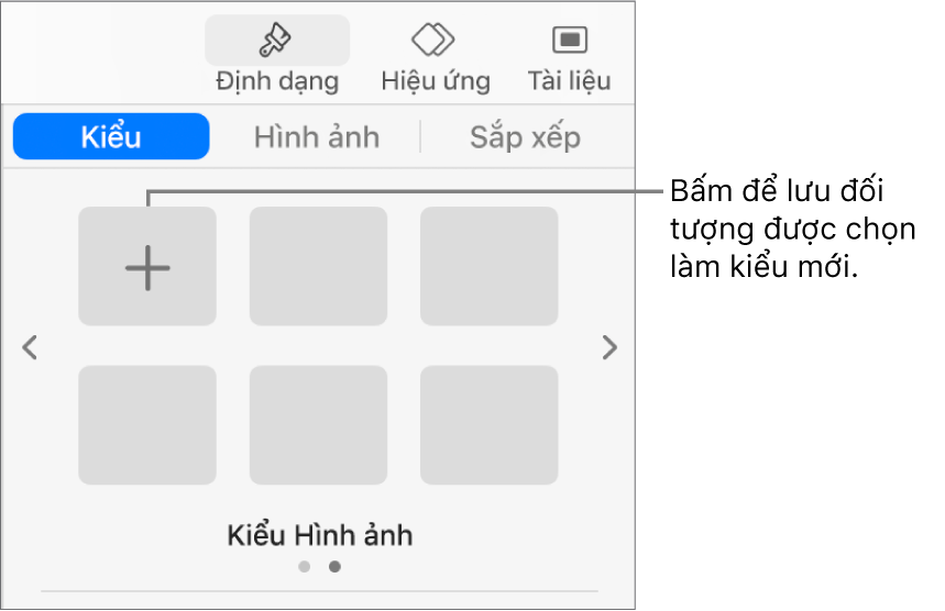 Tab Kiểu của thanh bên Định dạng với một kiểu hộp văn bản, một nút Tạo kiểu ở bên phải và bốn trình giữ chỗ kiểu trống.