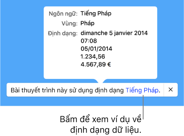 Thông báo về cài đặt ngôn ngữ và vùng khác, đang hiển thị các ví dụ về định dạng trong ngôn ngữ và vùng đó.