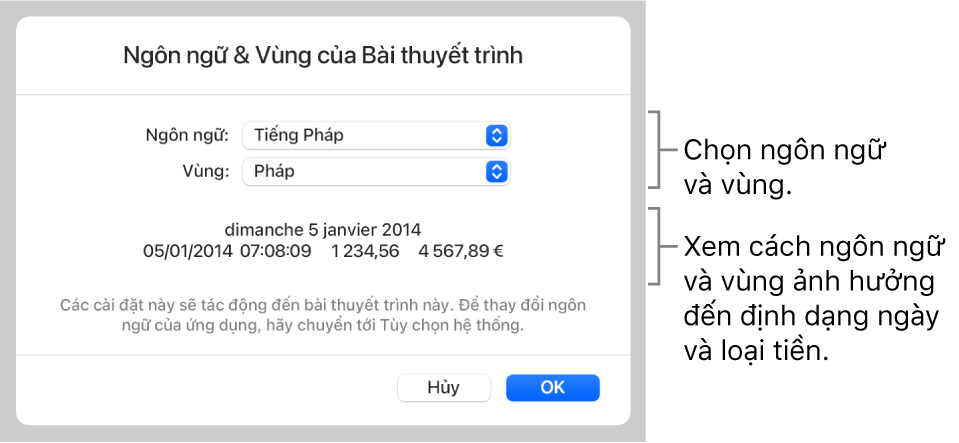 Khung Ngôn ngữ và Vùng với các điều khiển cho ngôn ngữ và vùng và ví dụ về định dạng bao gồm ngày, giờ, phần thập phân và loại tiền.