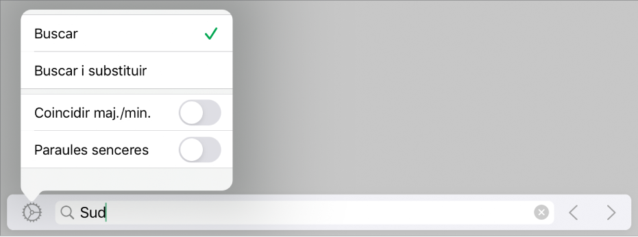 El menú d’opcions de cerca, amb les opcions Buscar, “Buscar i substituir”, “Coincidir maj./min.” i “Paraules senceres”.