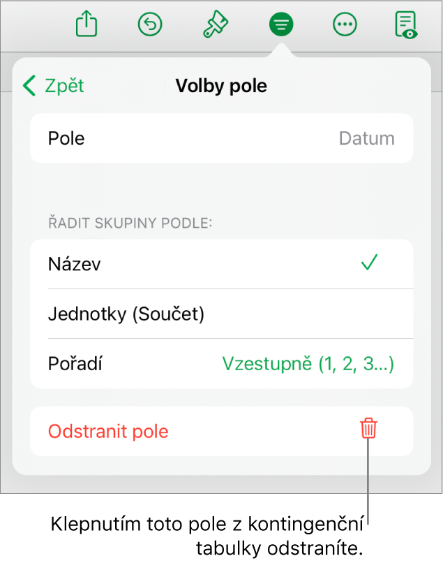 Nabídka „Volby pole“ zobrazující ovládací prvky pro seskupení a řazení dat a také volbu pro odstranění polí.