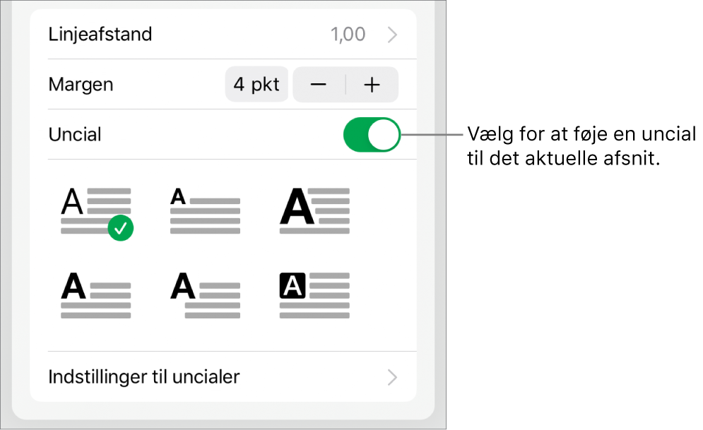 Betjeningsmulighederne til Uncial placeret nederst i menuen Tekst.