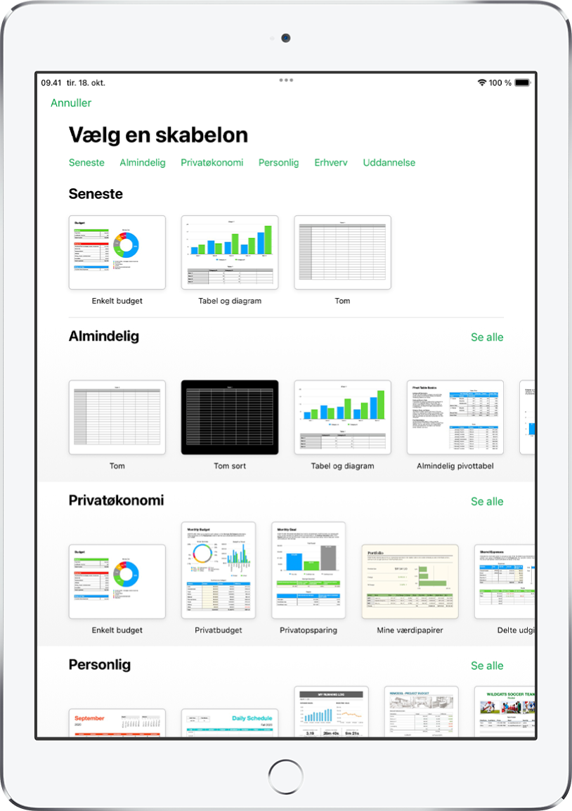 Skabelonvælgeren, der viser en række kategorier langs toppen, som du kan trykke på for at filtrere mulighederne. Derunder vises miniaturer af færdige skabeloner opstillet i rækker efter kategori med Seneste øverst efterfulgt af Almindelig og Privatøkonomi. Knappen Se alle vises ovenover og til højre for hver kategorirække. Knappen Sprog & område ses i øverste højre hjørne.