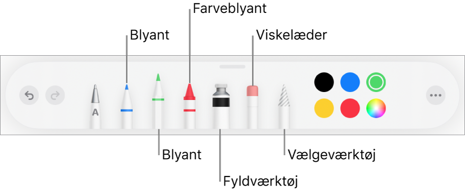 Værktøjslinjen til tegning med kuglepen, blyant, farveblyant, fyldværktøj, viskelæder, vælgeværktøj og farver. Yderst til højre er knappen Mere